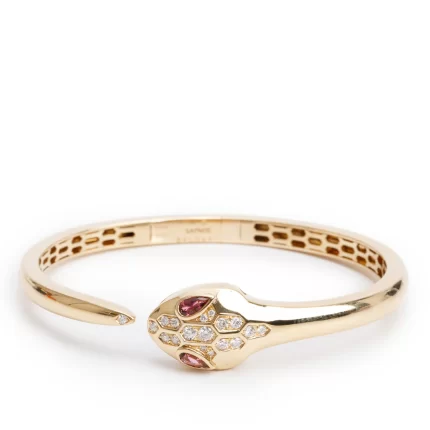 BVLGARI 18k Yellow Gold Diamond & Rubellite Serpenti Seduttori Bracelet, Size S w/ Box