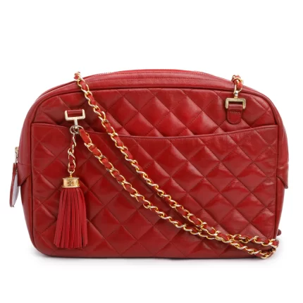 Vintage Red Quilted Lambskin Leather Tassel Camera Bag