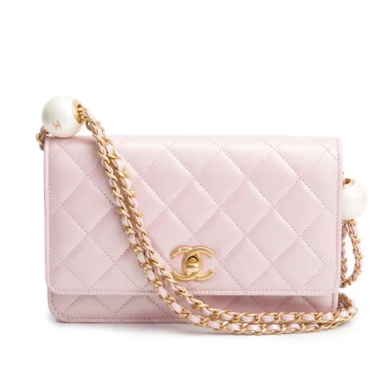 Pink Iridescent Quilted Lambskin Leather CC Pearl Crush Classic Wallet on Chain w/ Box