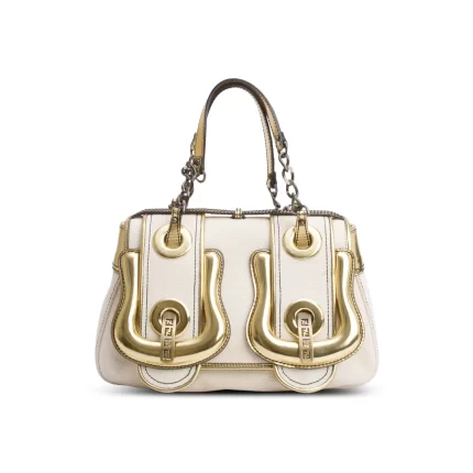 White Canvas Gold Patent Leather Trim B Bag