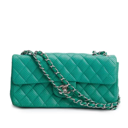 Green Lambskin Perforated East West Flap Bag