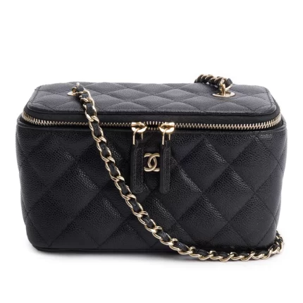 Black Caviar Quilted Small Vanity Case w/ Chain