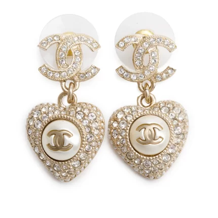 2023 Gold-Plated Faux Pearl & Strass CC Heart Drop Earrings