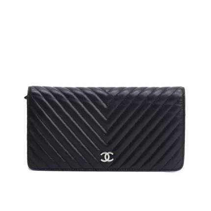 Black Lambskin Chevron Bi-Fold Wallet w/ Authenticity Card