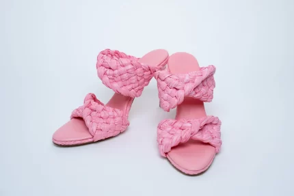 Bottega Veneta Woven Raffia Pink Heeled Sandals Size 39.5