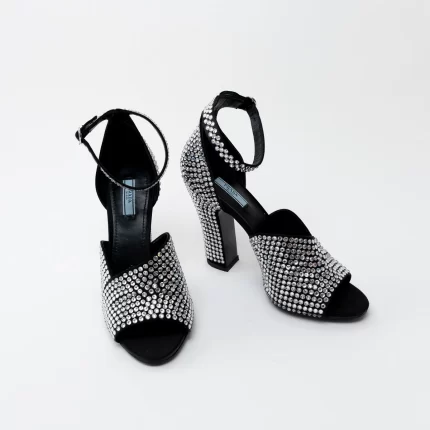 Prada Black Satin Crystal Embellished Sandals Size 41