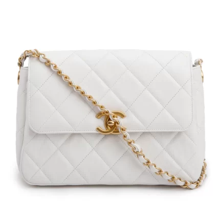 White Quilted Caviar Leather Small CC Side Note Flap Bag