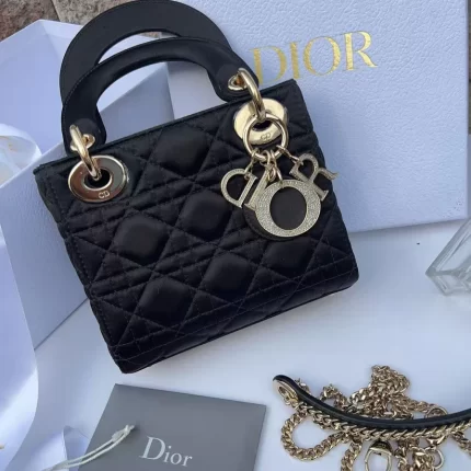 DIOR Black Quilted Satin Crystal Min Rhinestone 2WAY Lady Dior Bag
