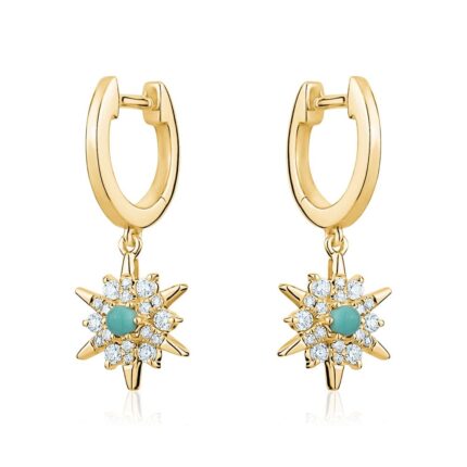 14K Gold Sunburst Turquoise Huggie Earrings