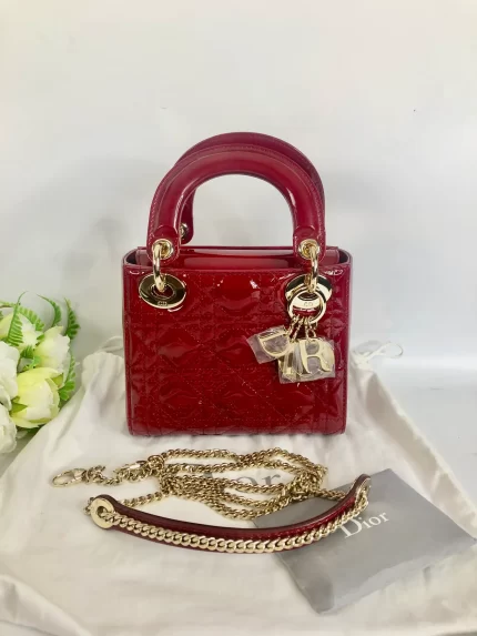 Lady Dior mini red patent Cannage calfskin, light gold hdw