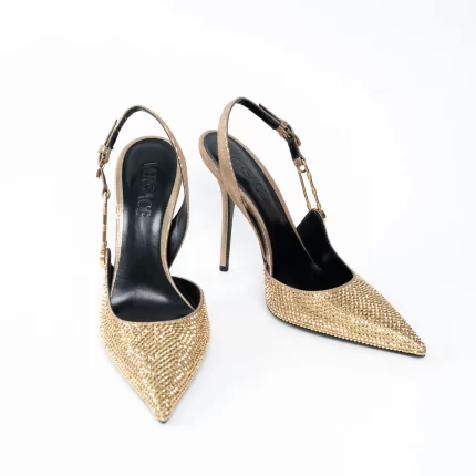Versace Gold Crystal Embellished Slingback Pumps Size 40