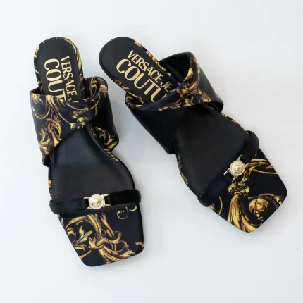 Versace Black and Gold Satin Regalia Baroque Foulard Sandals Size 38