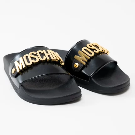 Moschino Black PVC Gold Logo Slides Size 41