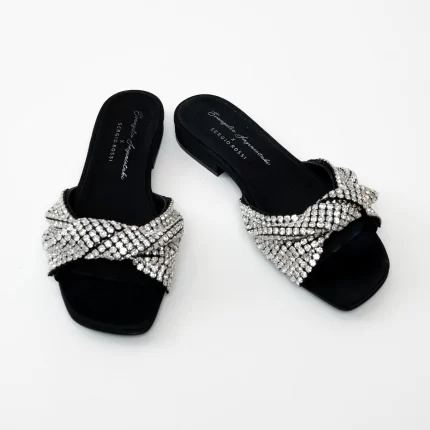 Sergio Rossi x Evangelie Smyrniotaki Black Satin Sandals with Embellished Crystal Knot Band Size 37