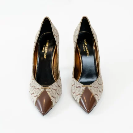 Saint Laurent Monogram Canvas Lola Pumps with Gold Accents Size 38