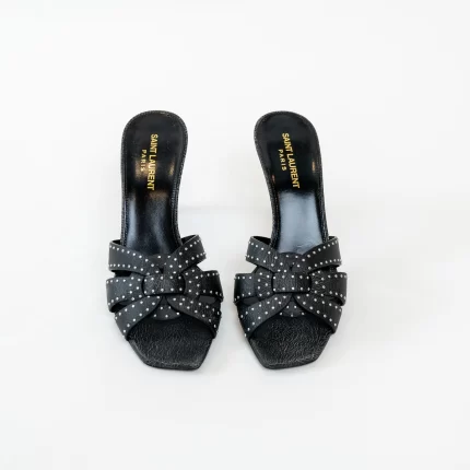 Saint Laurent Black Cracked Leather Studded Sandals Size 38.5