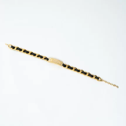 Pre-Loved Chanel™ Gold Tone Interlaced Leather and Chain Crystal Embellished Logo Choker