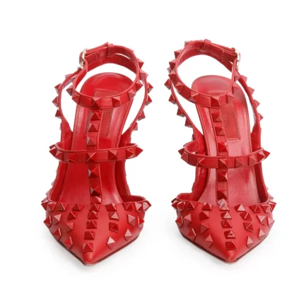 Red Leather Rockstud Ankle Strap Pumps, Size 36.5 w/ Box