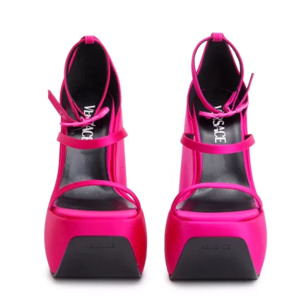 Pink Satin Medusa Insignia Triplatform Wedge Sandals, Size 36