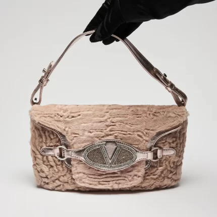 Valentino Beige Lamb Fur and Metallic Pink Leather Flap Bag