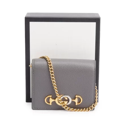 Grey Calfskin Leather Zumi Chain Card Case Wallet w/ Box