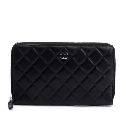 Black Lambskin Leather Large Zip Around Organizer Wallet w/ Box & Authenticity Card