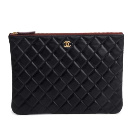 Black Quilted Lambskin Leather Medium O-Case Clutch w /Authenticity Card