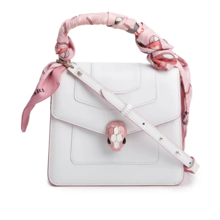 Bvlgari White/Pink Serpenti Forever Top Handle w/ Box, Straps, & Two Scarves