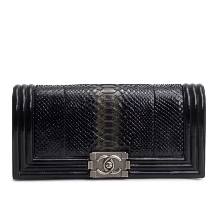 Black Python Patent Leather Boy Flap Clutch w/ Box & Authenticity Card