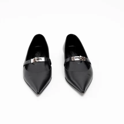 Hermes Black Lambskin Leather Kelly Ballet Flats Size 38.5