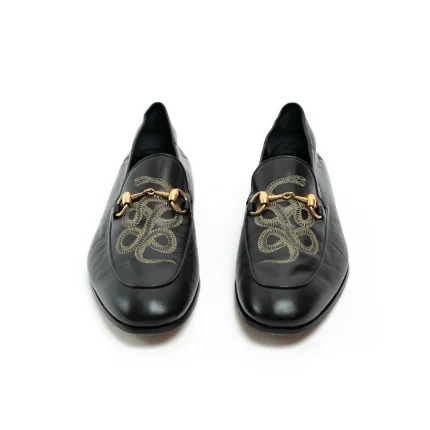 Gucci Black Lambskin Leather Snake Print Horsebit Loafers Size 8
