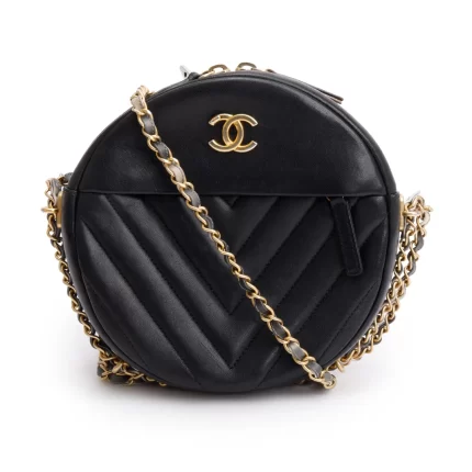 Black Chevron Leather Round as Earth Crossbody Bag