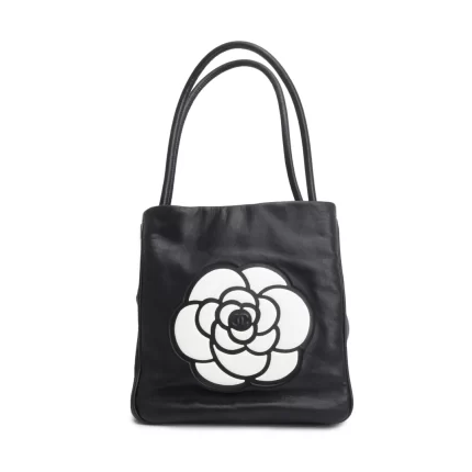 Black Lambskin Leather Camellia Logo Tote Bag