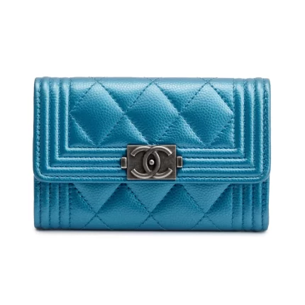 Blue Metallic Caviar Boy Flap Card Holder w/ Authenticity Card