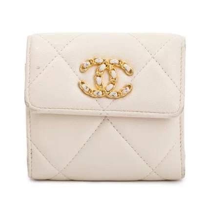 White Quilted Leather Small 19 Flap Wallet w/ Authenticity Card