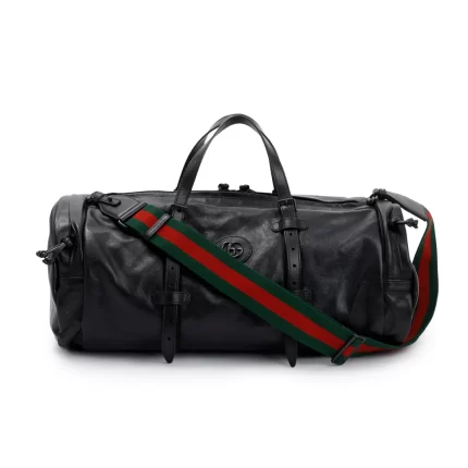 Black Leather Large Duffle Bag with Tonal Double G w/ Strap