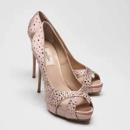 Valentino Dusty Pink Satin Peep Toe Pumps with Crystal Embellishments Size 38.5
