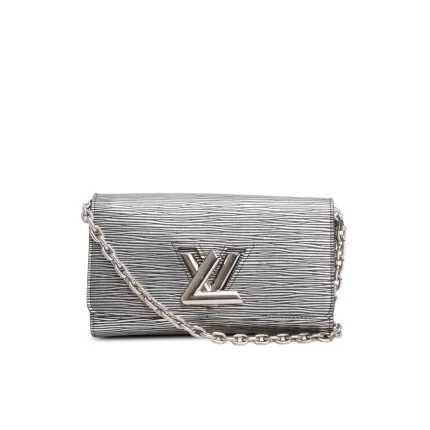 Silver Metallic Epi Leather Twist Chain Wallet