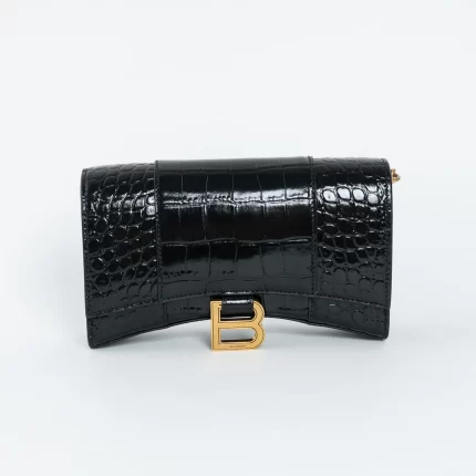 Black Embossed Croc Calfskin Leather Hourglass Wallet on Chain