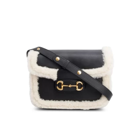 Black Leather Shearling Trim Horsebit 1955 Small Shoulder Bag