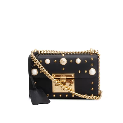 Black Calfskin Studded Small Padlock Shoulder Bag