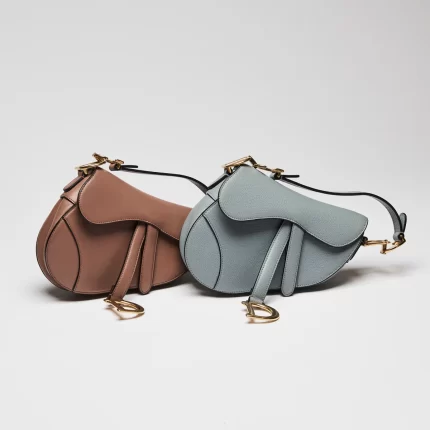 Blue Dove Grey Grained Calfskin Leather Mini Saddle Handbag